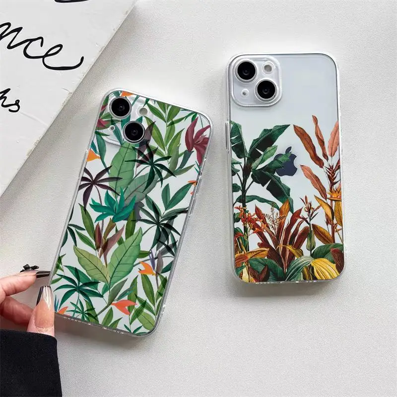 Monstera Leaves Palm Tree Flower Bird Clear Phone Case for iPhone 12 13 11 14 Pro Max Mini 8 7 14 Plus XS XR X Transparent Shell