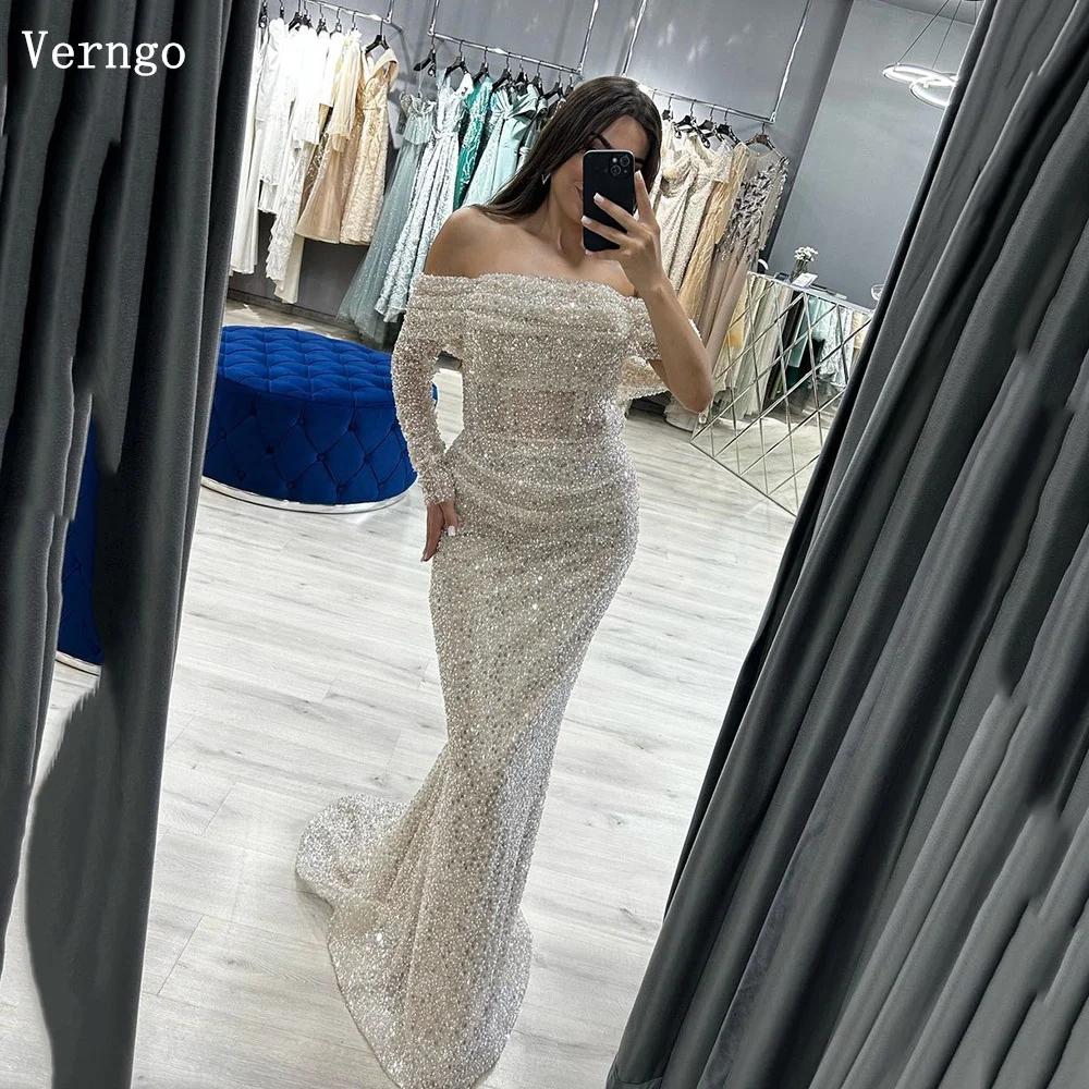 

Verngo lvory Sequined Prom Gown Off The Shoulder Mermaid Long Evening Dress For Women Lace Up Elegant Prom Part Dress