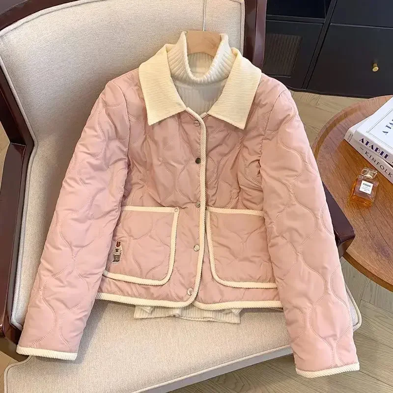 

Kawaii Bear Diamond Grid корейские парки милая вышивка Harajuku повседневная женская куртка с длинным рукавом однобортные пальто с лацканами топы