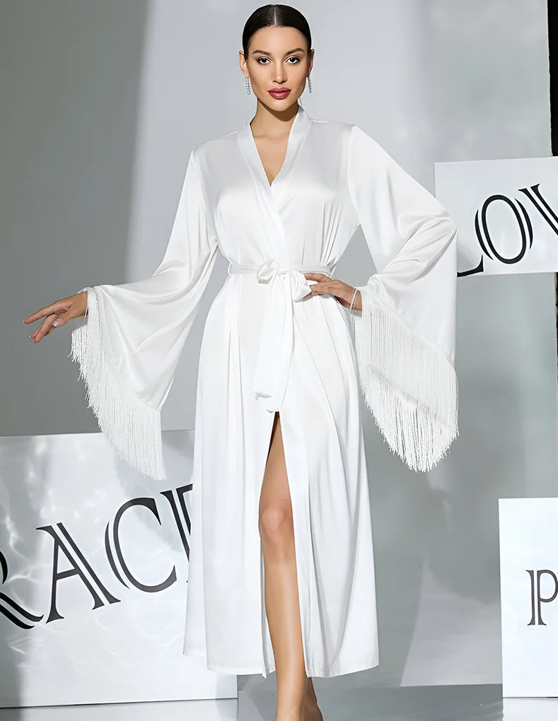 Sexy Solid Color Satin Tassel Cuff Womens Robe Kimono Bathrobe Negligee Homewear Summer Loungewear