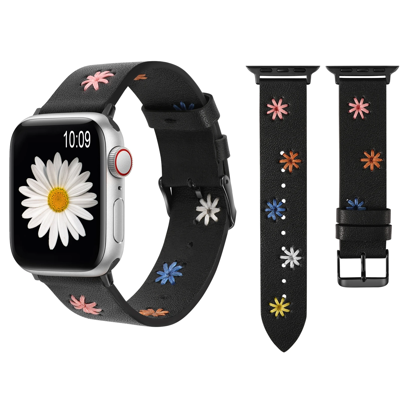 Wearlizer Embroidery Flowers Leather Band For Apple Watch Strap 45mm 38mm 40mm 41mm 49mm Watch Strap For iWatch 9 8 7 SE 6 5 4 3