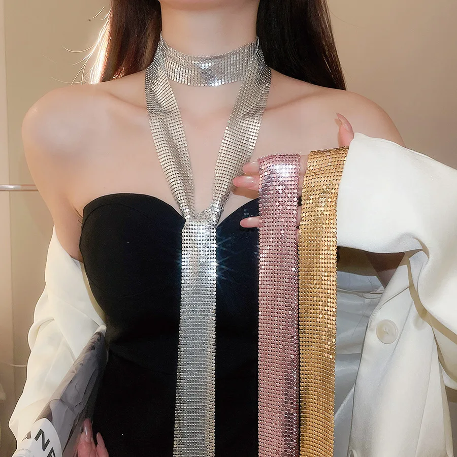 Fashion Metal Sequined Scarf Women Holographic Simple Design Patchwork Cover Up Scarf Party Night Club Chic Jewelry Accessories