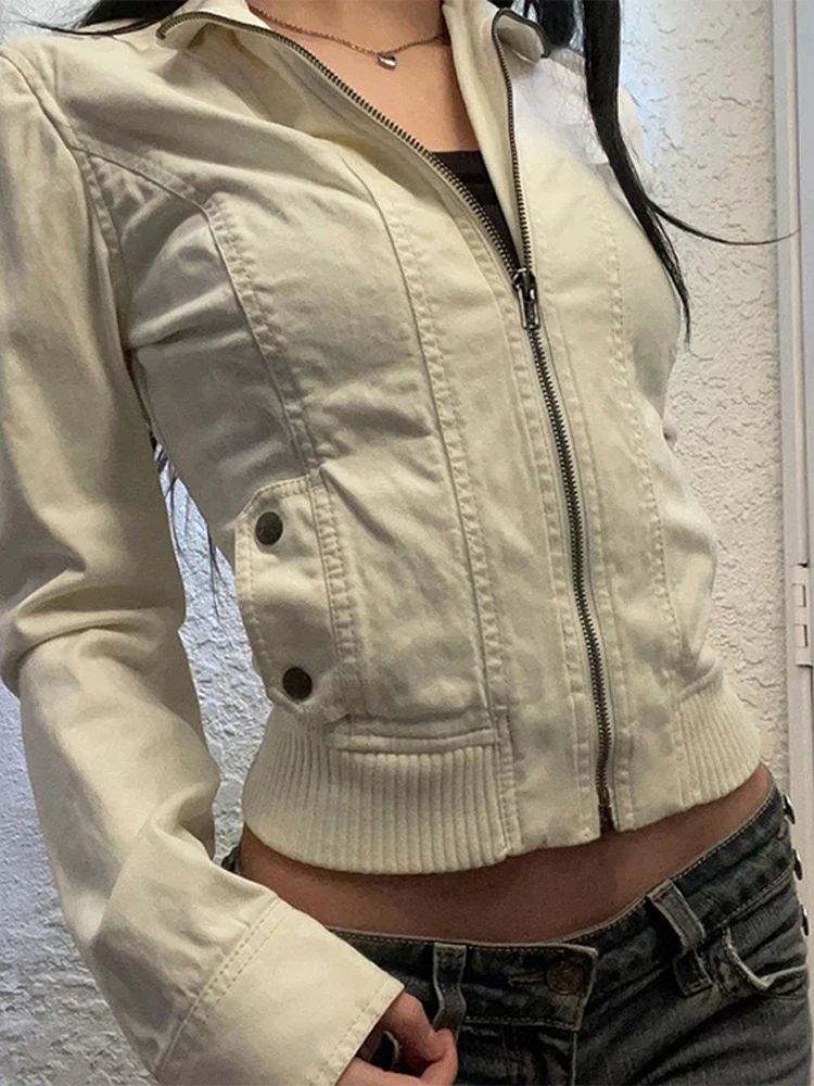 2024 Y2K Jacket Women Street Casual Chic Zipper Standneck Coat Female Spring Vintage Solid Long Sleeves Cool Girl Outwears