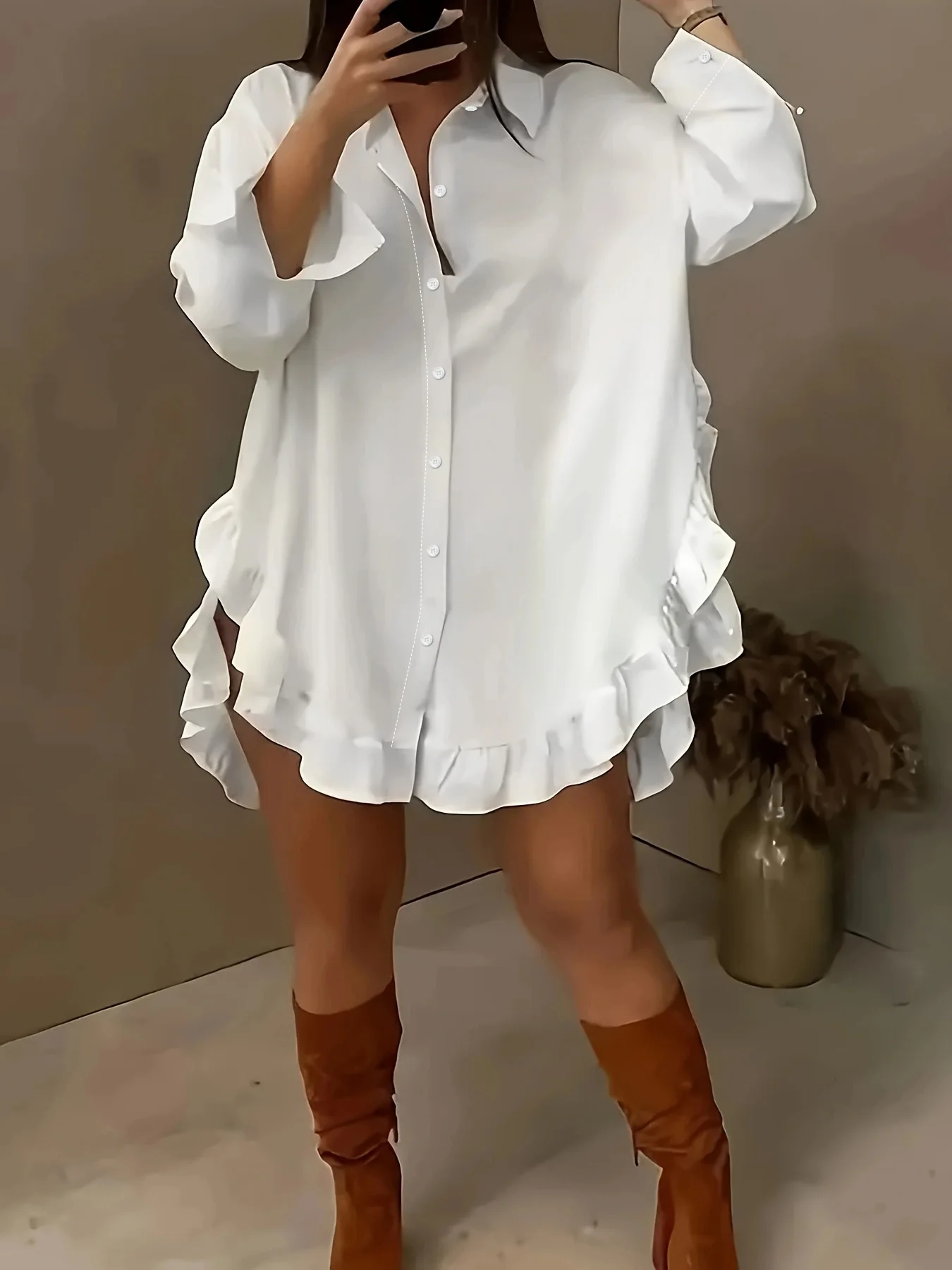Camisa casual de manga larga con dobladillo de hoja de loto; aberturas de doble cara con encaje plisado asimétrico, adecuada para todas las estaciones.