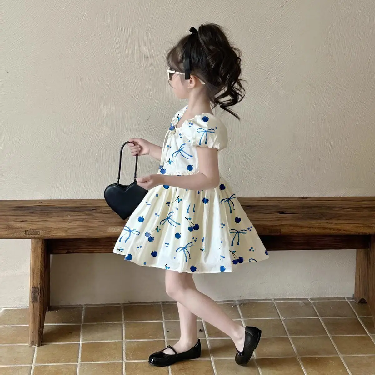 

Summer New Girl's Floral Print Dress with Bowknot Cherry Design Children's Princess Short Sleeve Dress