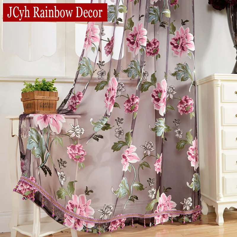 Floral Home Fabric Sheer Tulle Curtains For Living Room Luxury Bedroom Kitchen Door Curtains For Window Black Cortinas Drapes