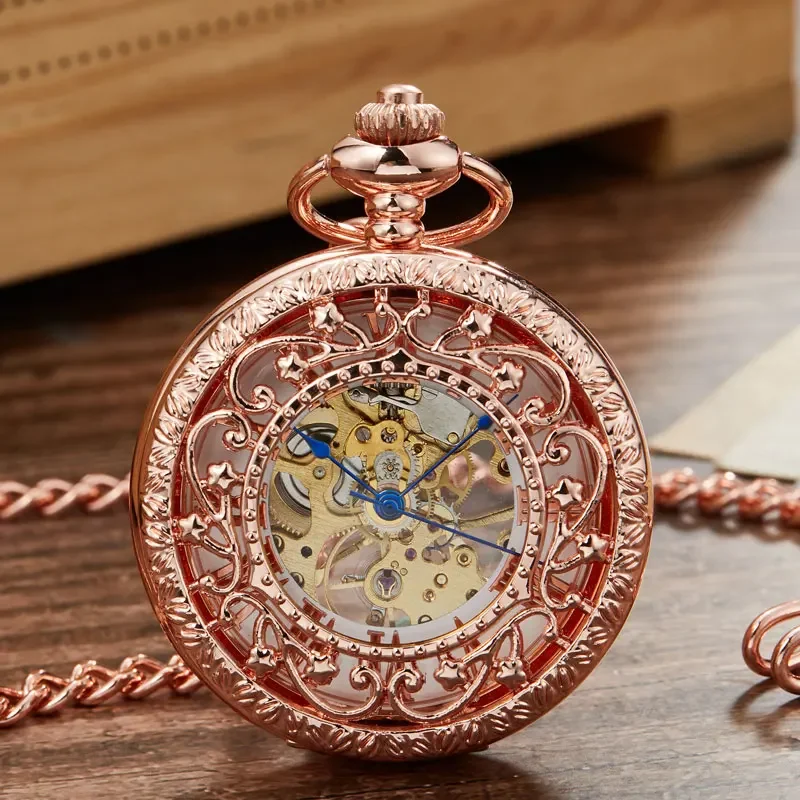

2023 Mechanical Pocket Watch Steampunk Pendent Chains Gold Skeleton Hand-winding Fob Watch Men Women Xmas gifts