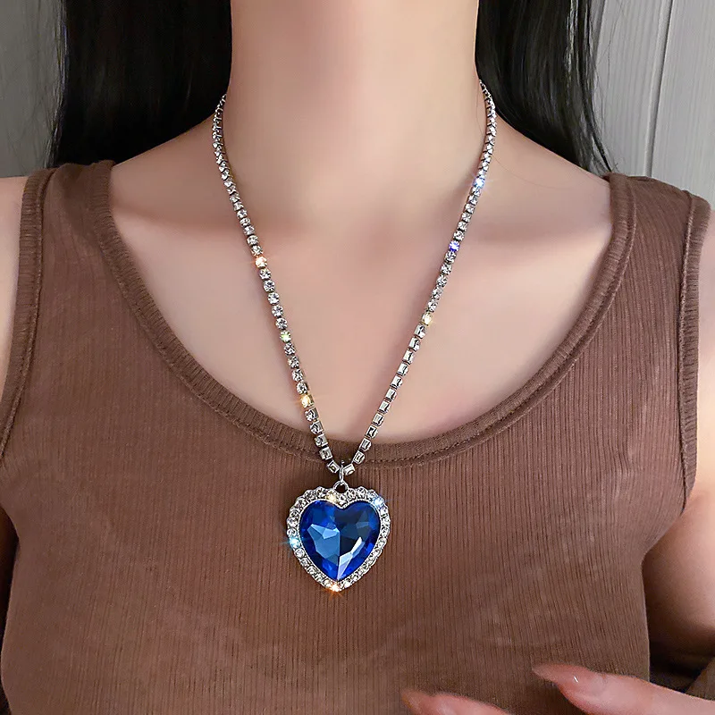 3 ピース/セット オーシャン ハート レディース ネックレス セット ブルー & レッド ラブ クリスタル ジルコン ジュエリー 結婚式 パーティー用 1