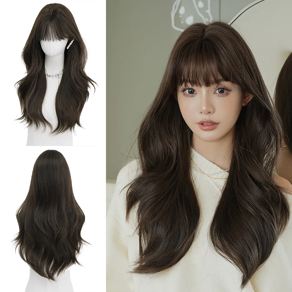 شعر مستعار اصطناعي طويل مجعد مع غرة ذهبية وبنية، شعر مستعار رقيق ومقاوم للحرارة مناسب للحفلات اليومية النسائية