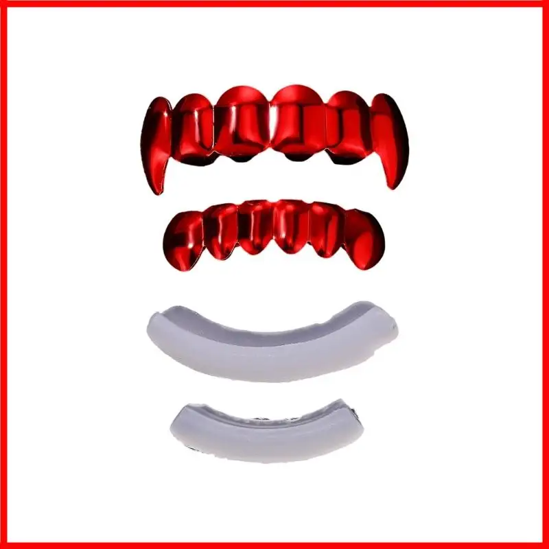 3XUA Cosplay Mouth Accessory Set with Red Metallic Tooth Covers, Upper and Lower Pieces for Stage and Party Wear Looks