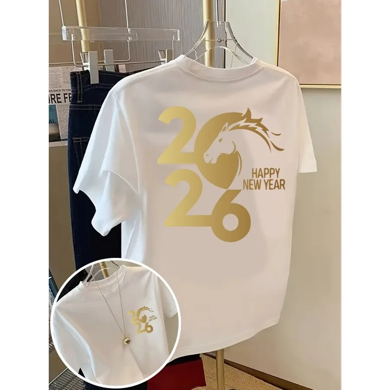 

Women's Top Front and Back T-shirt 2026 New Year of The Horse Fashion Printed Women's Spring and Summer Trendy Printed T-shirt