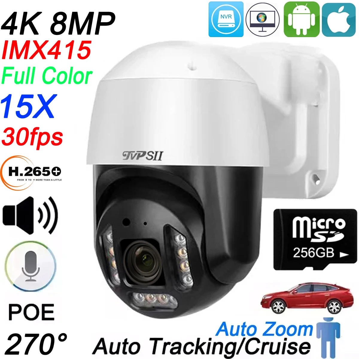 Full Color Auto Tracking 30fps 8MP 4K 15X Optical Zoom Rotation Audio Outdoor ONVIF POE PTZ IP Surveillance Speed Doom Camera