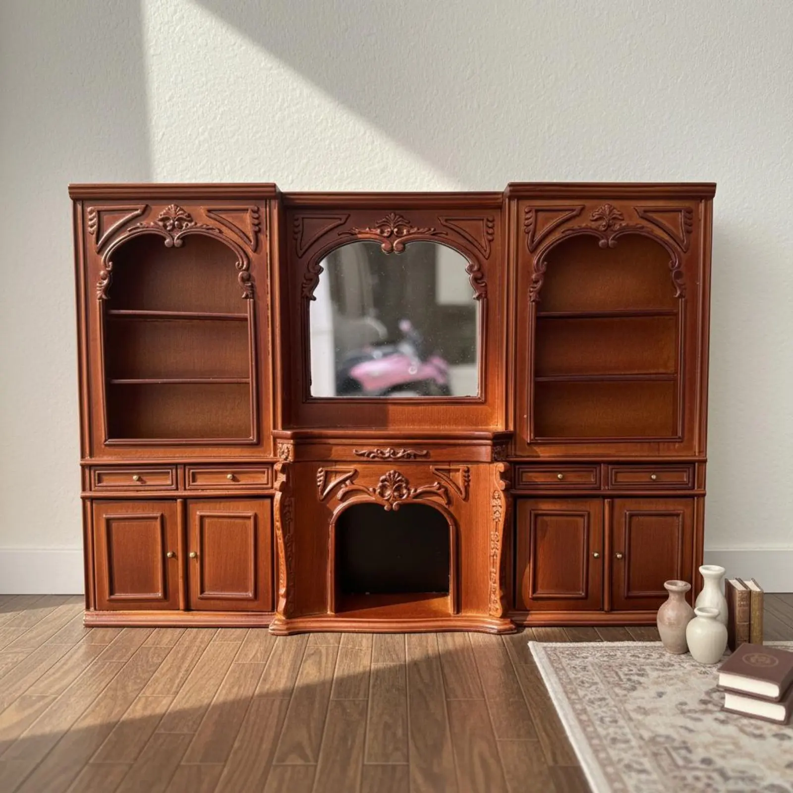 

Dollhouse Fireplace Cabinet Functional Doors and Drawers 1:12 Scale Display Hutch European Design Dollhouse Cabinet