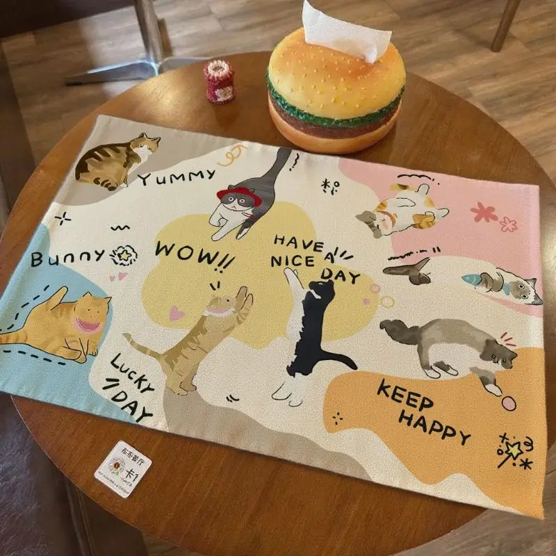 VIKAMA Colorful Cartoon Cat Happy Day Dining Placemat Table Mat Kitchen Decor Tabletop Dinnerware Cute Kitty Gift Durable Cozy