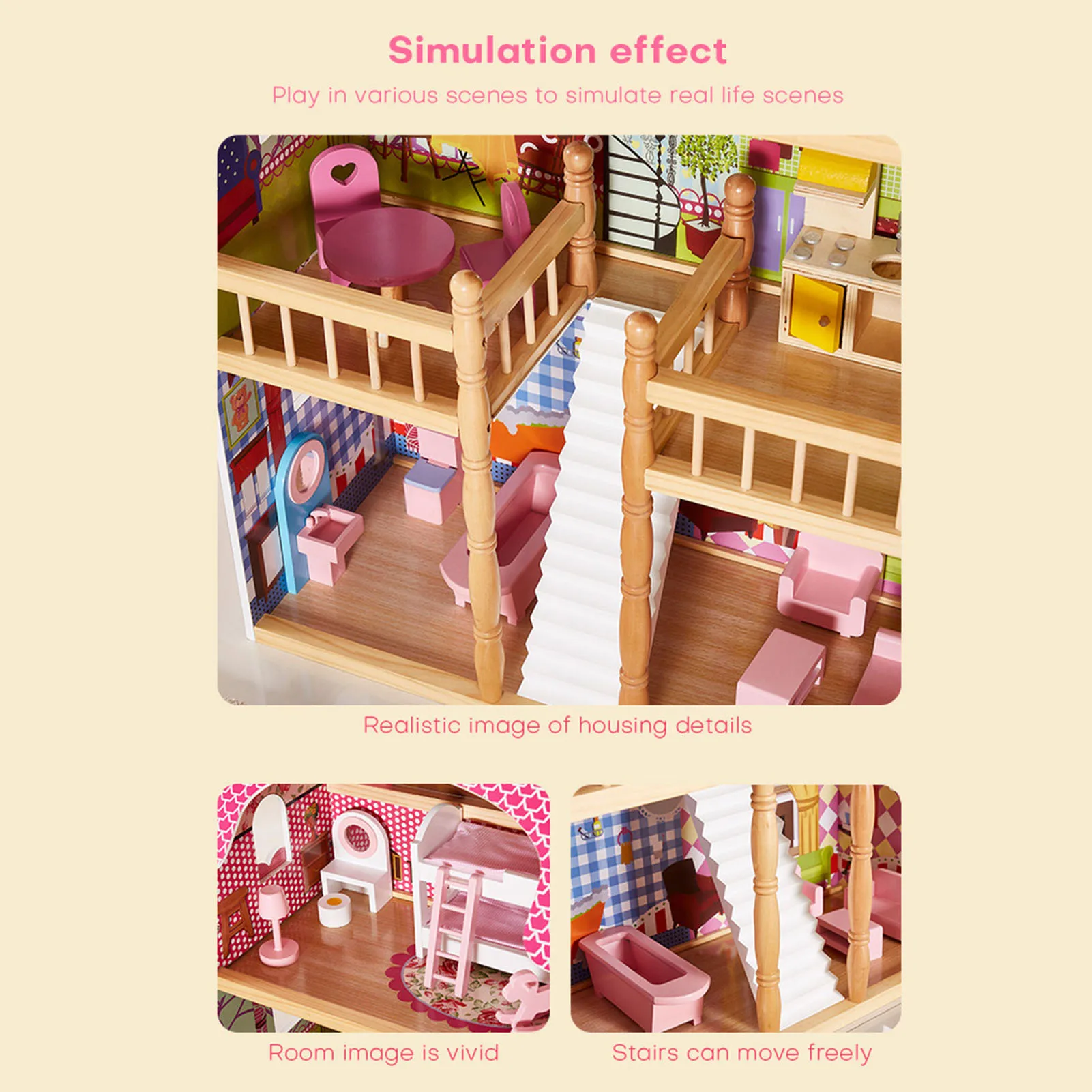 บ้านตุ๊กตา 3 ชั้น ทำจากไม้ พร้อมระเบียง บันได เฟอร์นิเจอร์จิ๋ว ของขวัญสำหรับเด็กชายและเด็กหญิง ขนาด 65*30*99 ซม.