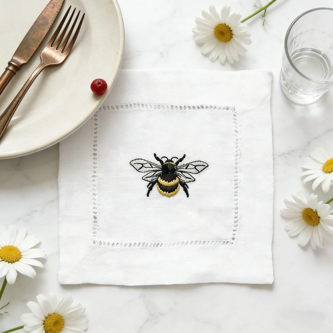 Linen Cotton Napkin Bee Embroidery Handmade Cutwork Placemat Coaster Punch Corner Stitched Edge Table Decor