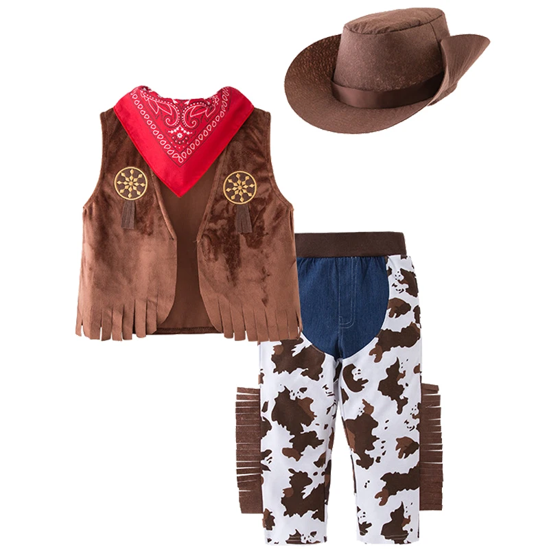 4PCS Cowboy Dress Up Outfits Baby Boys Easter Cosplay Clothes Vest+Scarf+Long Pants+Hats Carnival Party Costume Boy Holiday Gift image 5