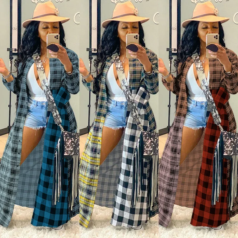 Casual Colorful Plaid Patchwork Long Shirt Coat 2023 Autumn and Winter New Fashion Turn-down Collar Single Breasted Cardigan