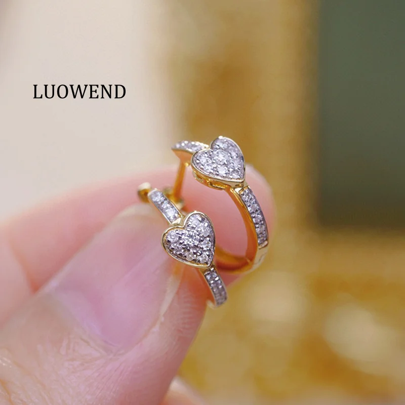 LUOWEND 100% 18K Yellow Gold Earrings Fashion INS Style 0.18carat Real Natural Diamond Hoop Earrings for Women Christmas Gift