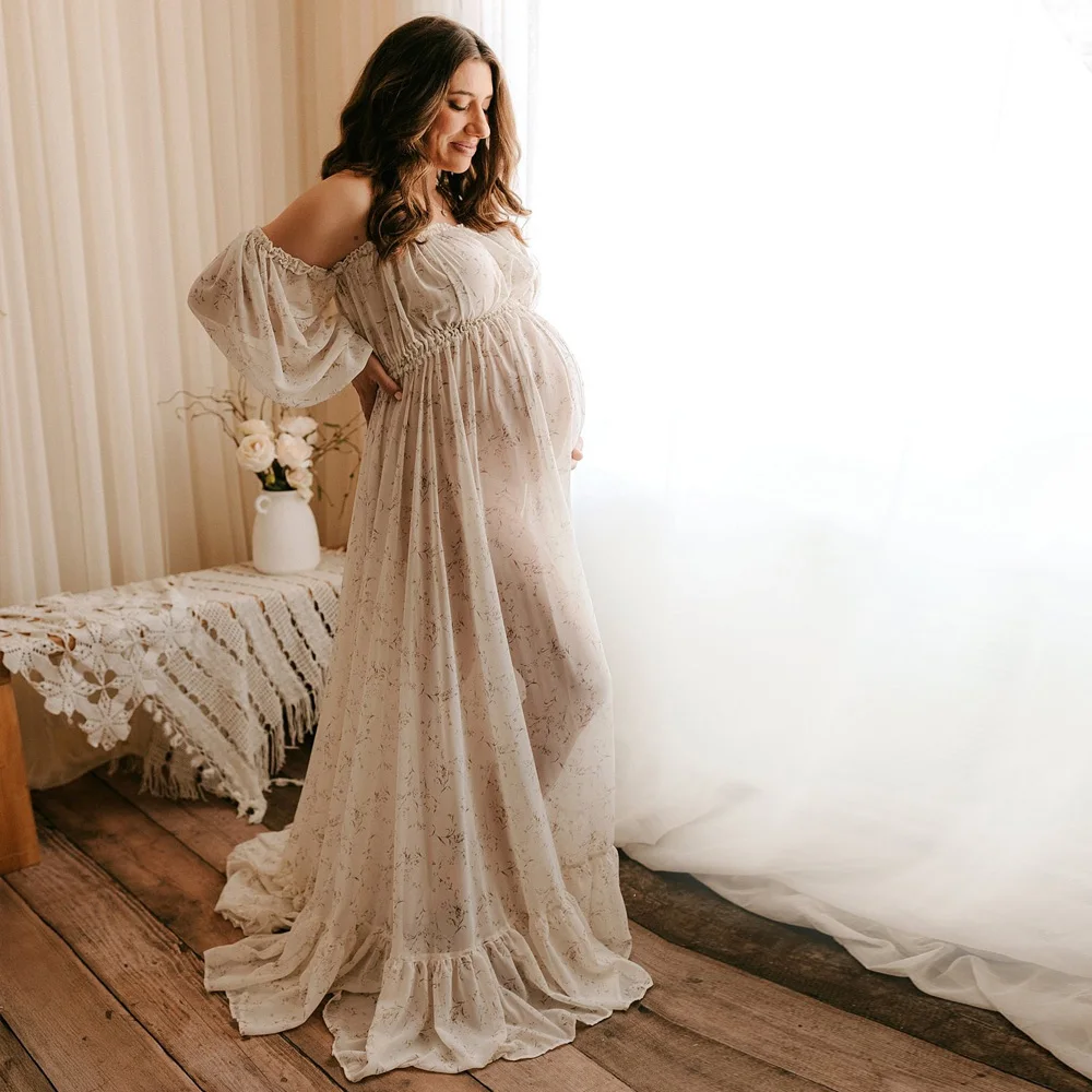 pleats-printed-chiffon-maternity-dresses-babyshower-dress-photoshoot-off-shoulder-sexy-slightly-transparentruffle-dress