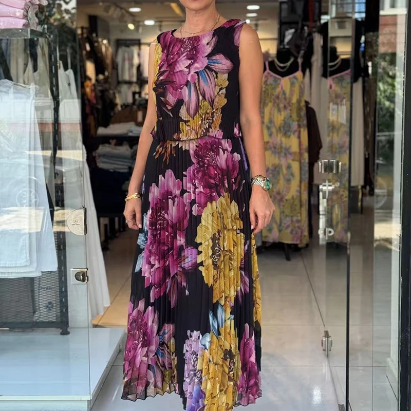 Vestido de fiesta Bohe drapeado con cuello redondo para mujer, vestido Sexy sin mangas de cintura alta, vestido Maxi suelto, Jersey elegante, vestido de vacaciones