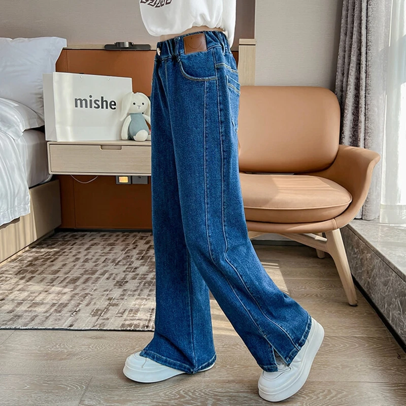 Girls Jeans New Spring/Autumn Fashion Kids Loose Trousers Big Children Casual Split Wide Leg Denim Pants 4 To12 Year