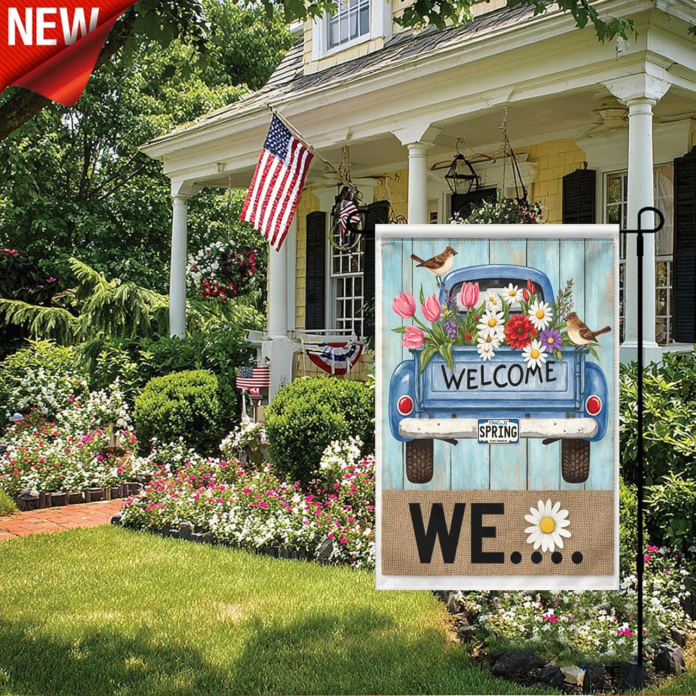 

1PC, Welcome Spring Garden Flag Vintage Blue Truck Floral Print Yard Flag Double Sided Burlap Welcome Banner with Birds Daisies Tulips Outdoor Decorative Flag for Patio Lawn Porch Farmhouse Seasonal Spring Outdoor Decor