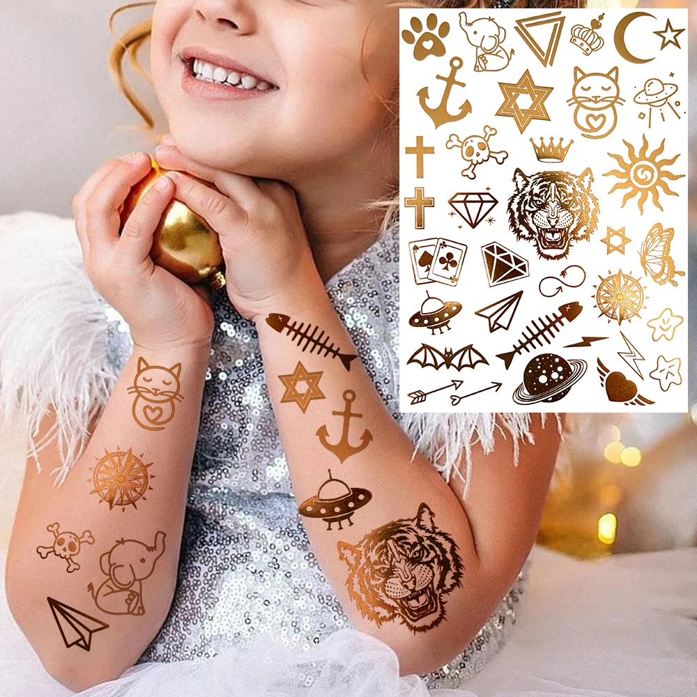 

Golden Tiger Star Universe Temporary Tattoos For Children Women False Cross Moon Sun Tattoo Realistic Body Art Tattoo Sticker 3D