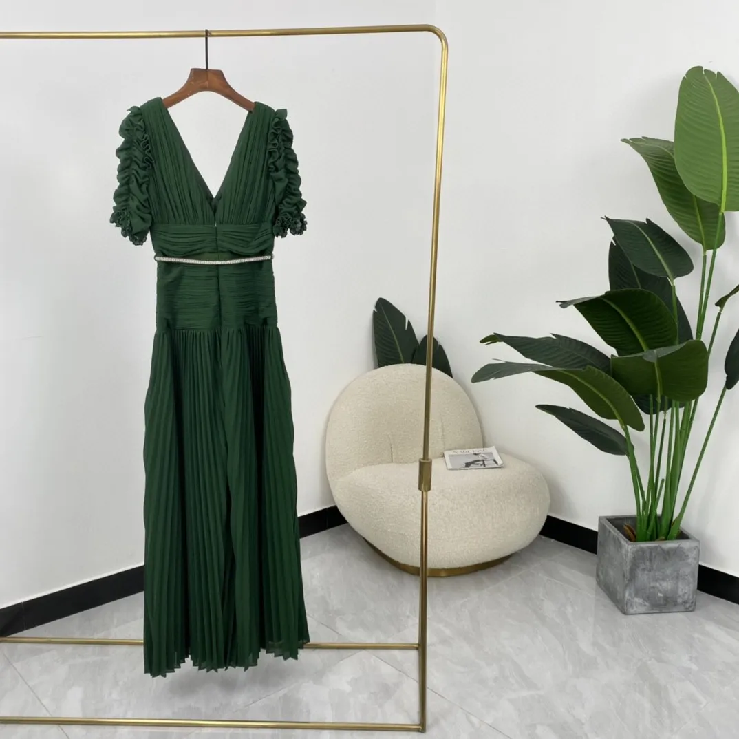 Women Green Short Sleeve Ruched Pleat Maxi Long Dress 2024 New Arrivals