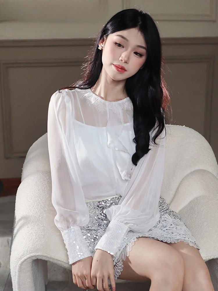 

Французский кружевной топ с бисером для женщин, летний, тонкий, модный, элегантный, красивый, с рукавами-фонариками, полупрозрачный.