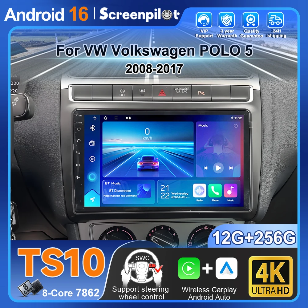 For Vw Volkswagen Polo 5 2008-2017 Android 16 Auto Radio Stereo Multimidia Player Gps Navigation Carplay Dvd Qled Touch Screen