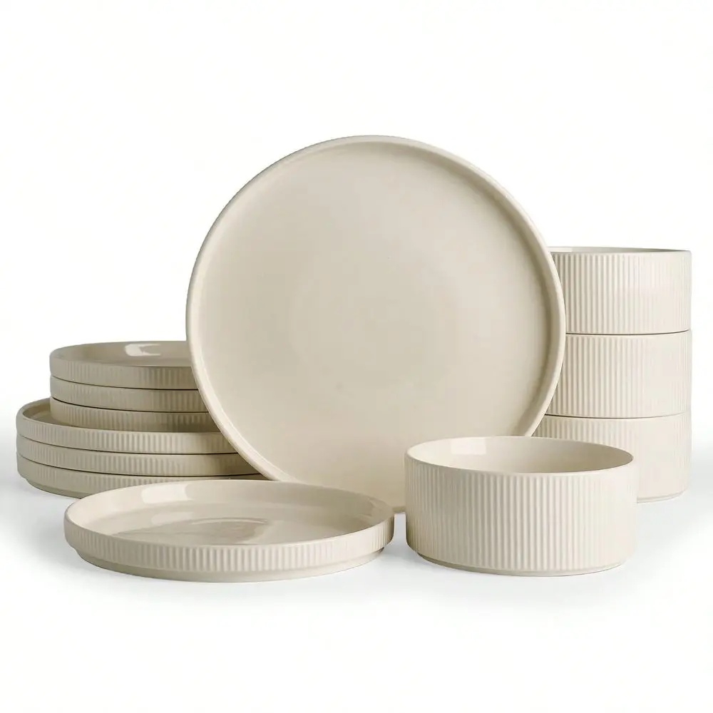 

12 Pieces Porcelain Plates And Bowls Sets, Dinnerware Set For 4, Sturdy And Stackable, Milky White