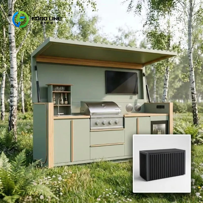 Customized Outdoor Use Modular Folding Stainless Steel BBQ Kitchen Cabinet with Grill Sink Fridge LED Space-Saving Design
