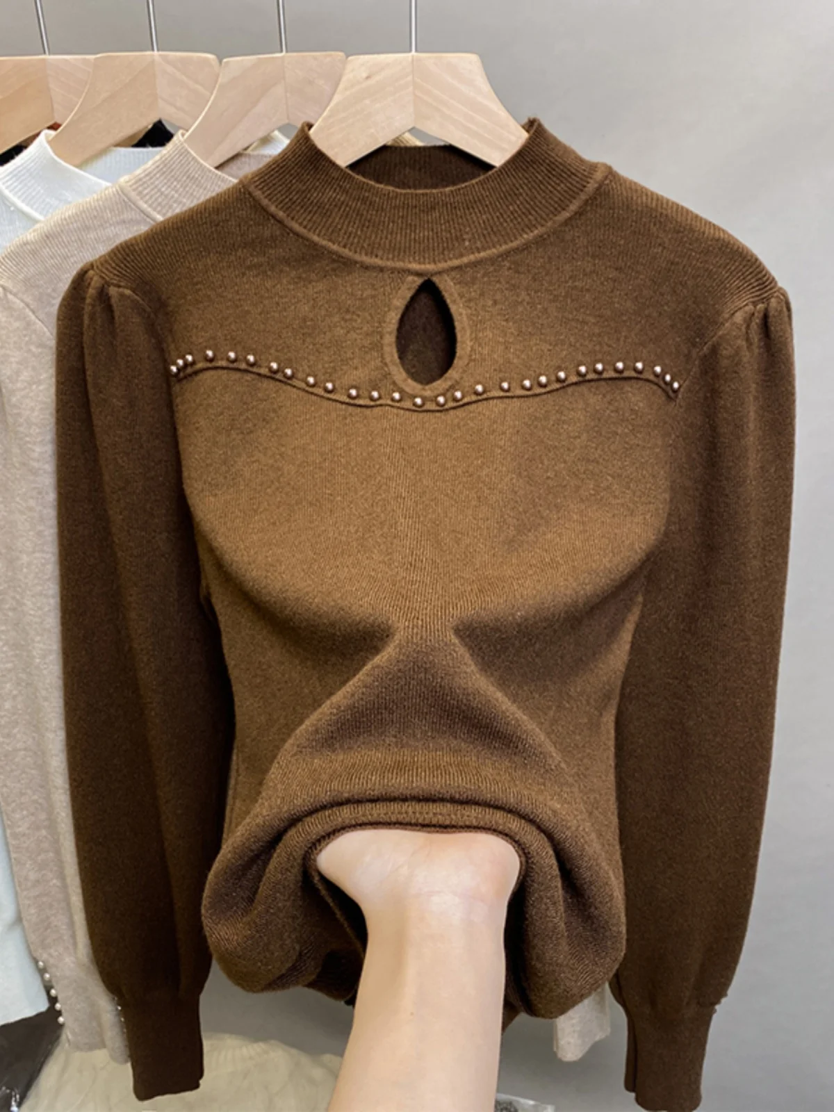 plus Size Women's Knitted Sweater High Collar Hollow out Design Base Layer Trendy Bead Embellied Autumn Winter Faion