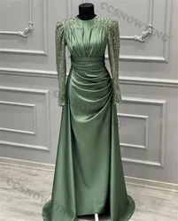 Satin Appliques Beaded Hijab Muslim Evening Dresses Long Sleeve A Line Islamic Formal Party Gown Arabic Dubai Robes De Soirée