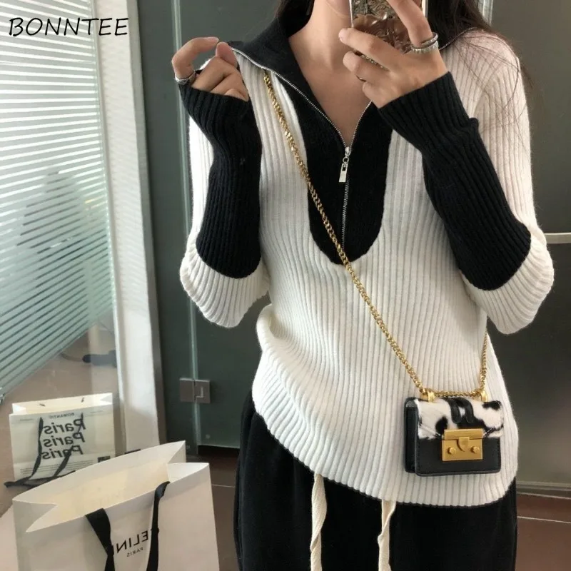 

Pullovers Women Half-zip Turn-down Collar All-match Korean Fashion Slim Fit Panelled Autumn Winter Outwear Knitwear Popular Cozy