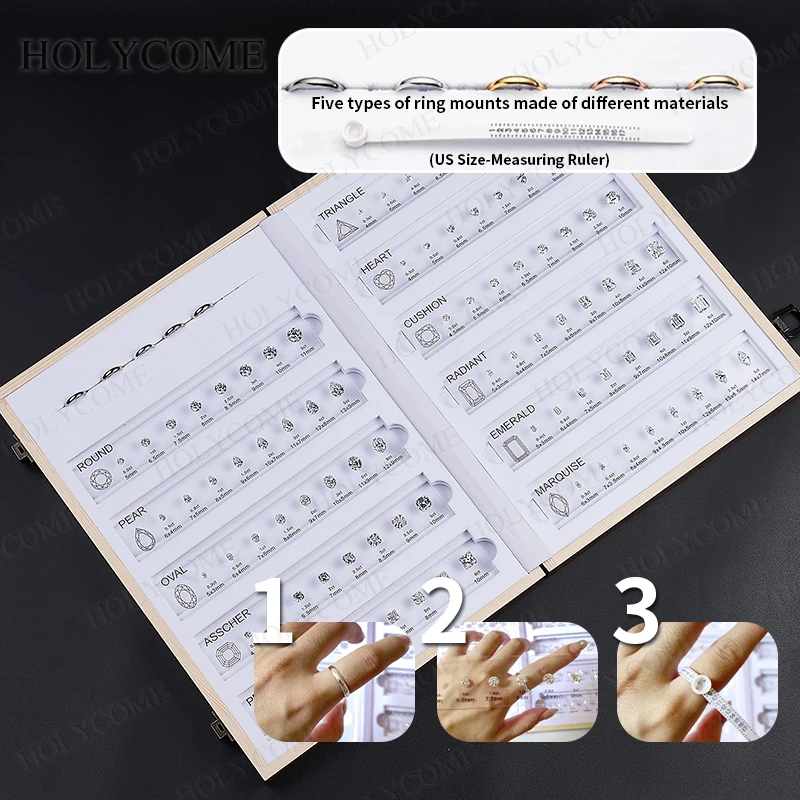 Benutzerdefiniertes Logo Service Vergleichstabelle Tester Tools Kit Edelstein Ausgefallene Form CZ Diamant Größen Master Ring Messsteinset