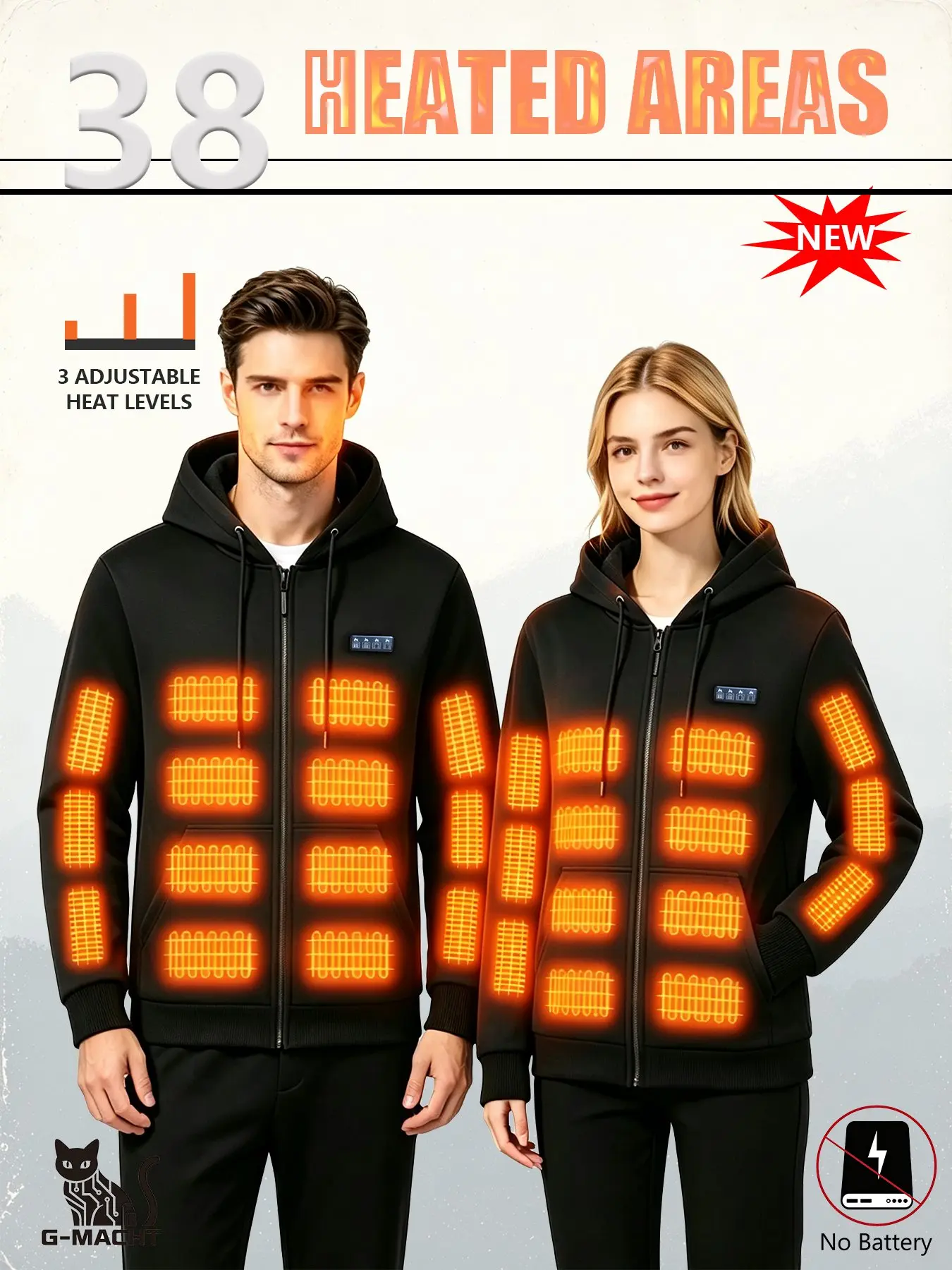 Unisex USB Heated Hooded Jacket,3‑Level Temp 4‑Switch Control,38 Heating Zones,Long Sleeve Winter Warm Coat，No Battery Included