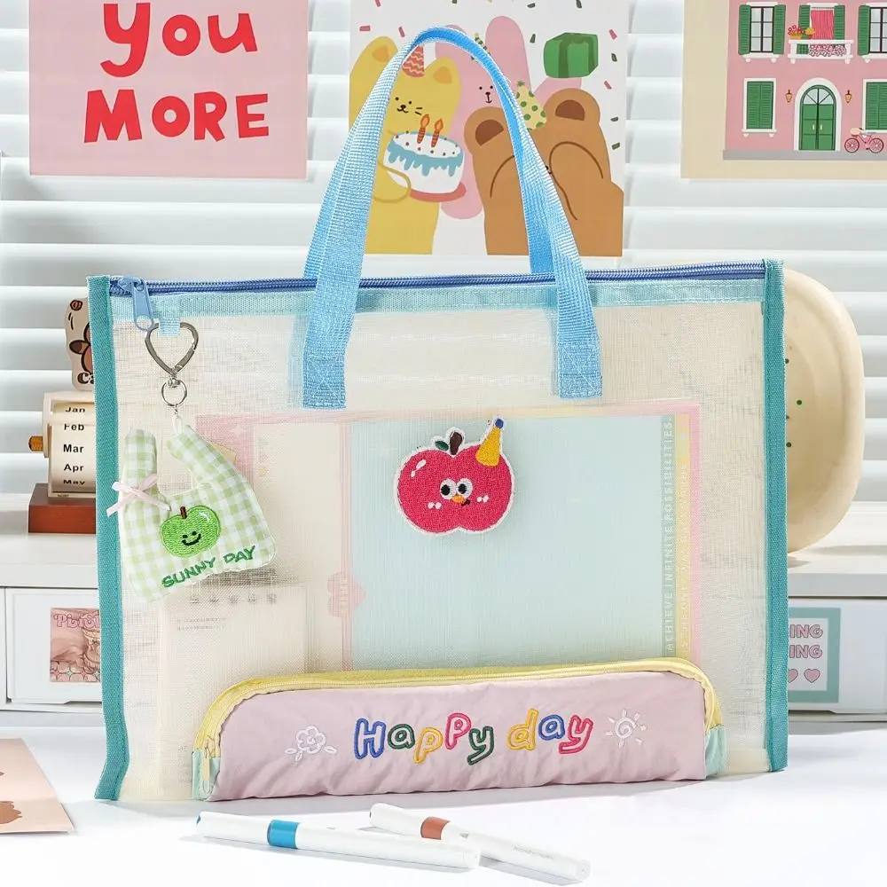 Kawaii Mesh Document Bag Clear Visible Handheld File Bag with Pencil Case File Document Pouch School Office