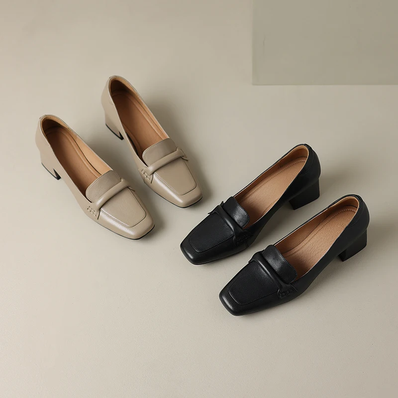 Women Pumps Shoes Genuine Leather 5m Heels Elegant Fashion Concise High Quality Lady Shoes Square Toe HIgh Thick Heel A130