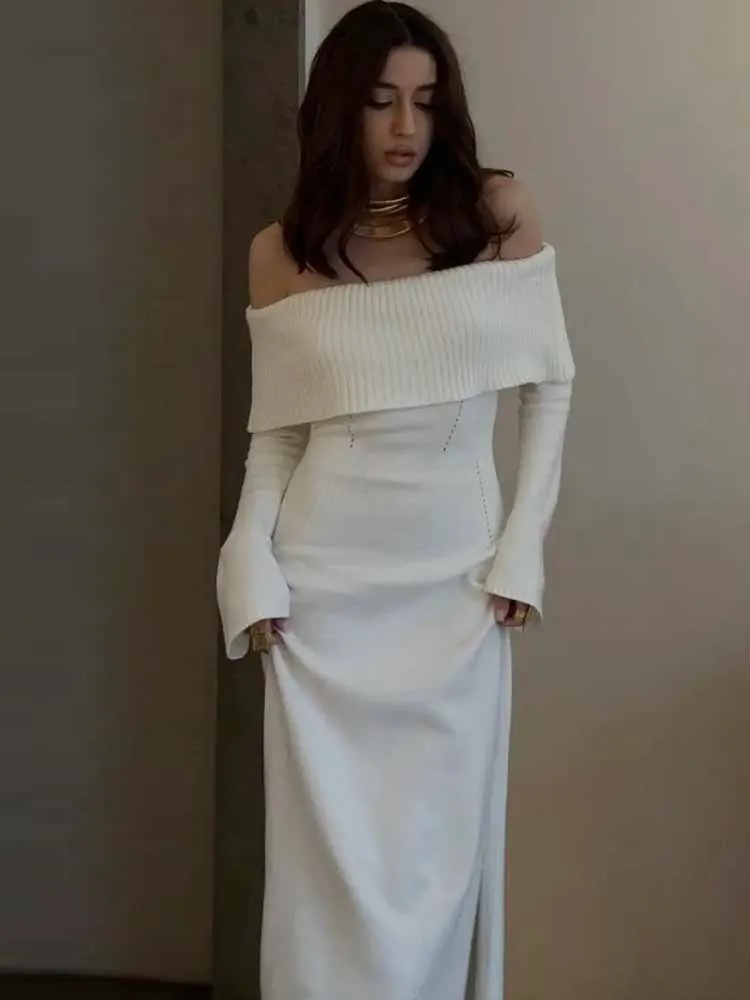 MCDV Abito sexy in maglia con spalle scoperte Abito lungo aderente a maniche lunghe con spacco 2025 Abiti lunghi da festa eleganti autunnali