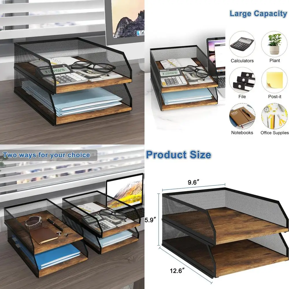 

2-tier stackable paper tray, metal mesh desktop organizer, wood board paper sorter, letter trays,file document storage rack for