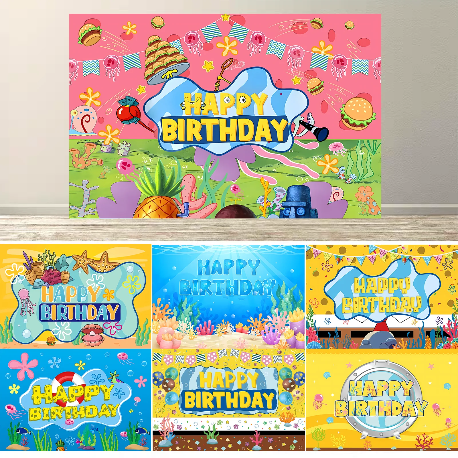 

Cartoon Character Sponge Birthday Party Decorations Banner Kid Birthday Party Cartoon Theme Backdrop Photo Background Oversized