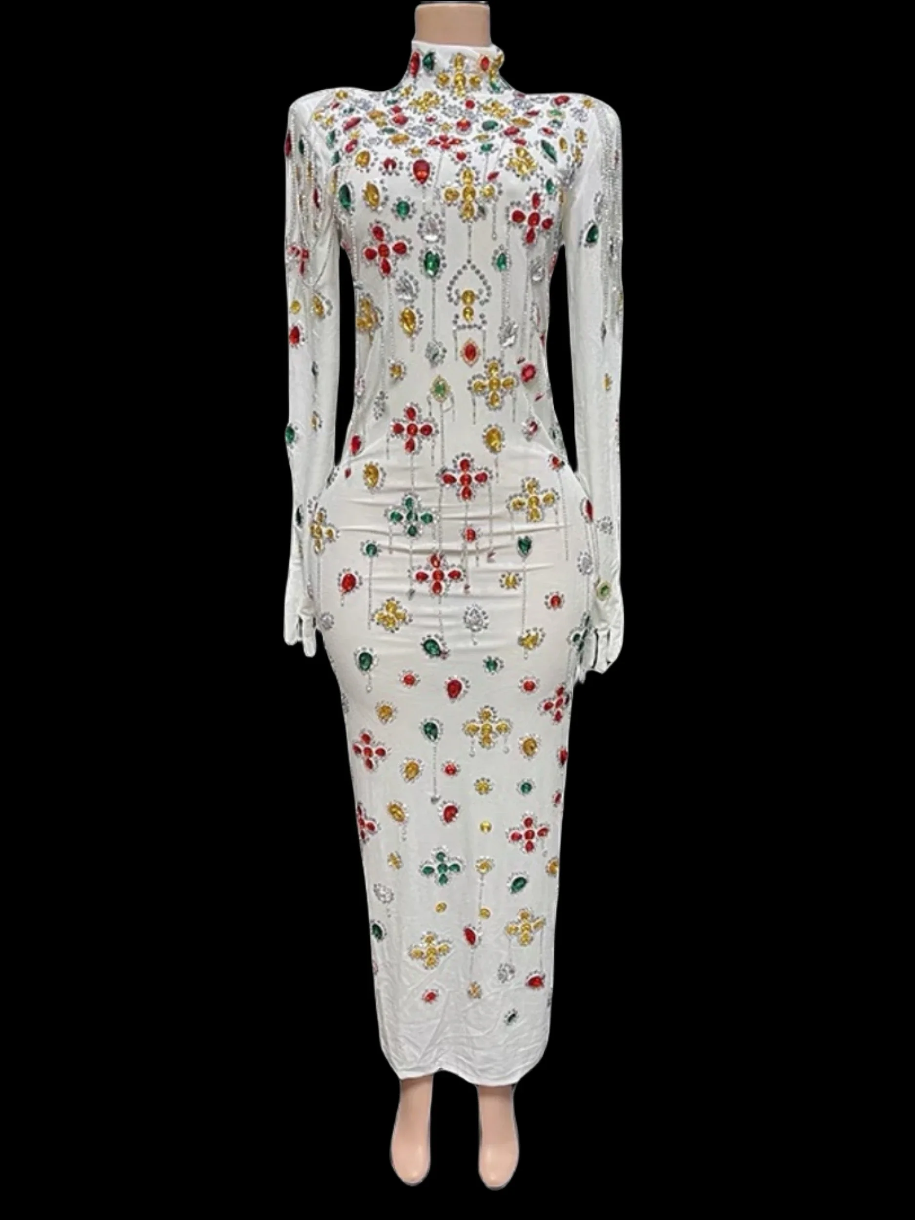 

Women Luxury Crystals Rhinestone Sparkly White Long Dress With Gloves Party Birthday Wedding Queen Costume