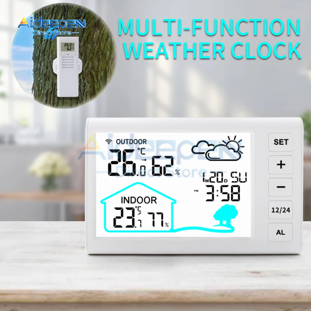 Multifunctional Wireless Weather Station Forecaster Indoor Outdoor Thermometer Hygrometer with Sensor LCD Screen Alarm Clock