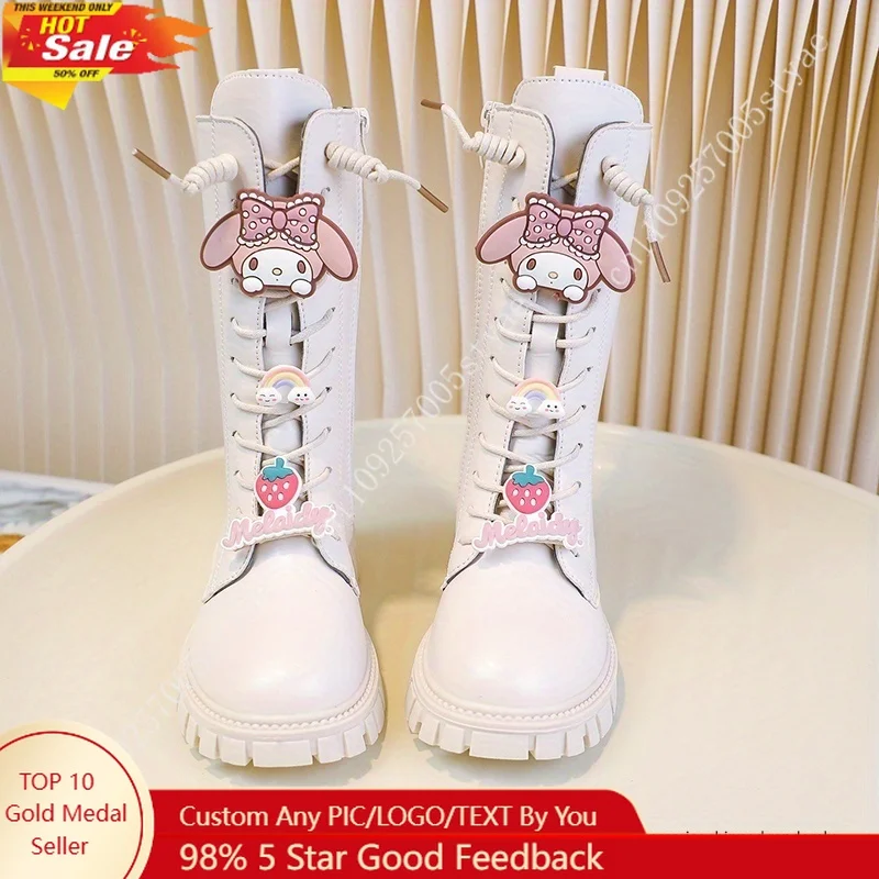 

My Melody Girls High-top Boots with Zipper Closure Round Toe and Buckle Design Glossy Black Ankle-high Boots with Arch Support