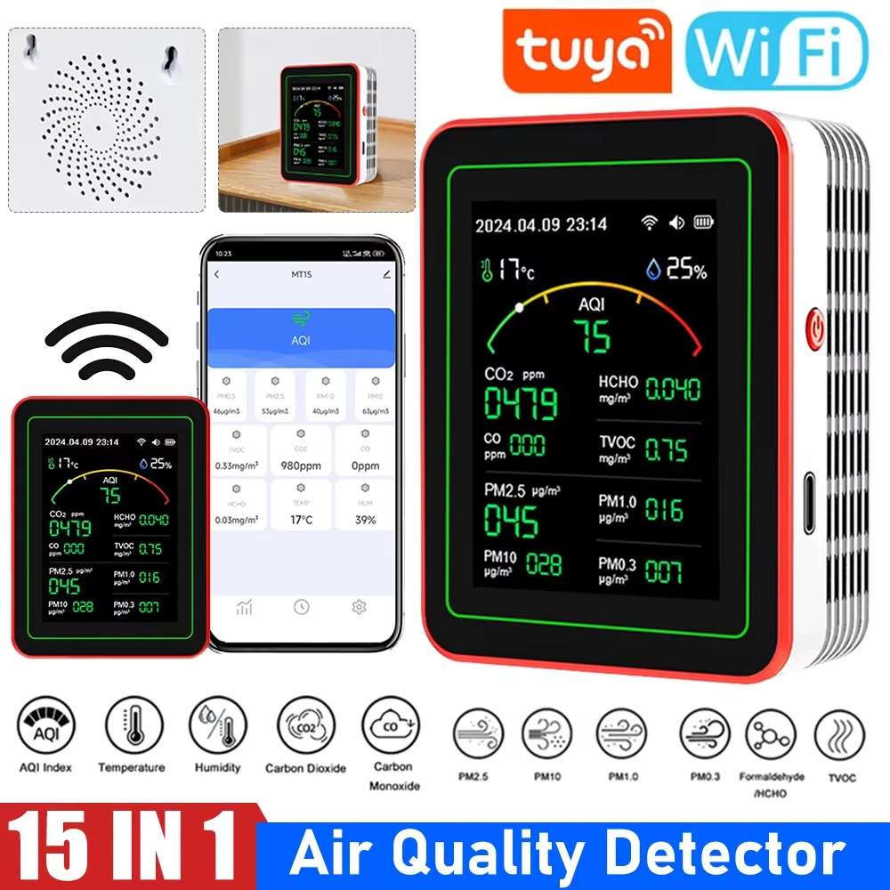 Portable Air Tester 15 in 1 Air Quality Detector CO CO2 TVOC HCHO AQI PM0.3 PM1.0 PM2.5 PM10 Tester Temperature Humidity Meter