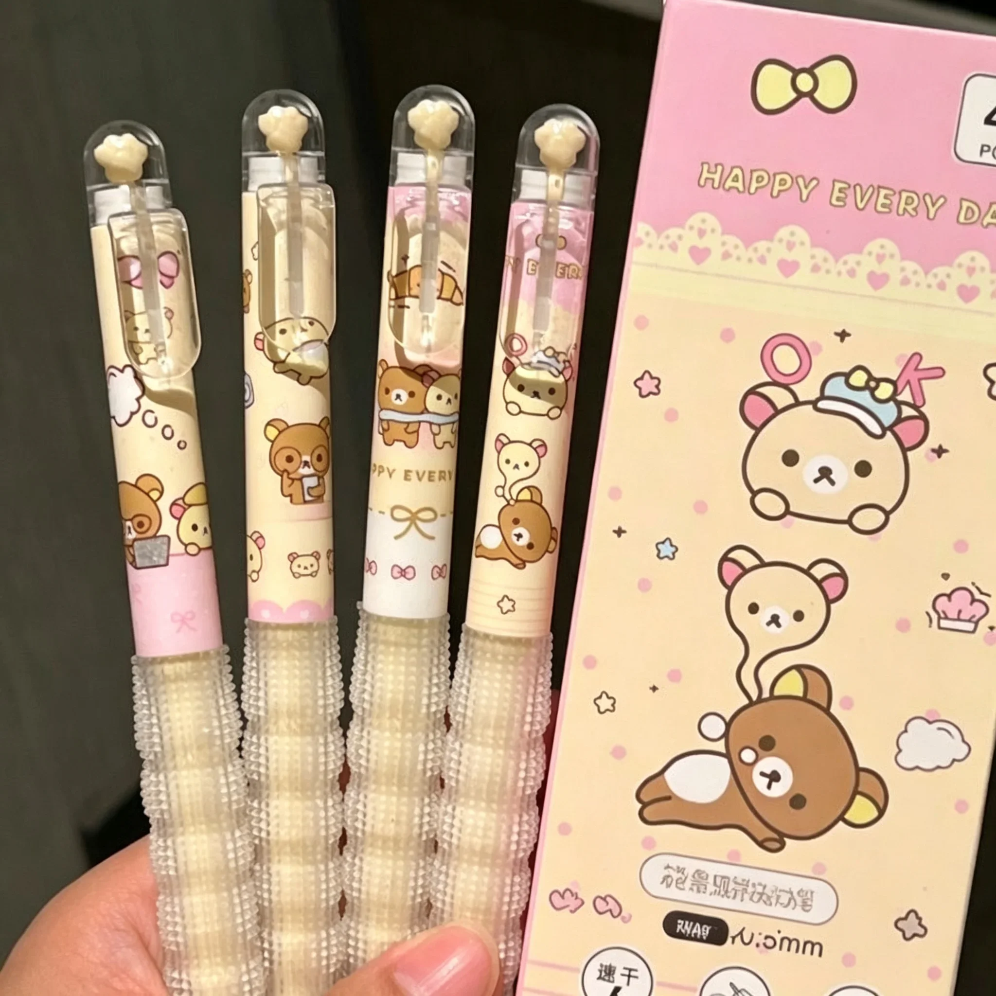 4PCS Cute Rilakkuma Retractable Gel Pen ST Tip Quick Dry Black Ink Relief Grip High Aesthetic Micro Landscape Neutral Pen