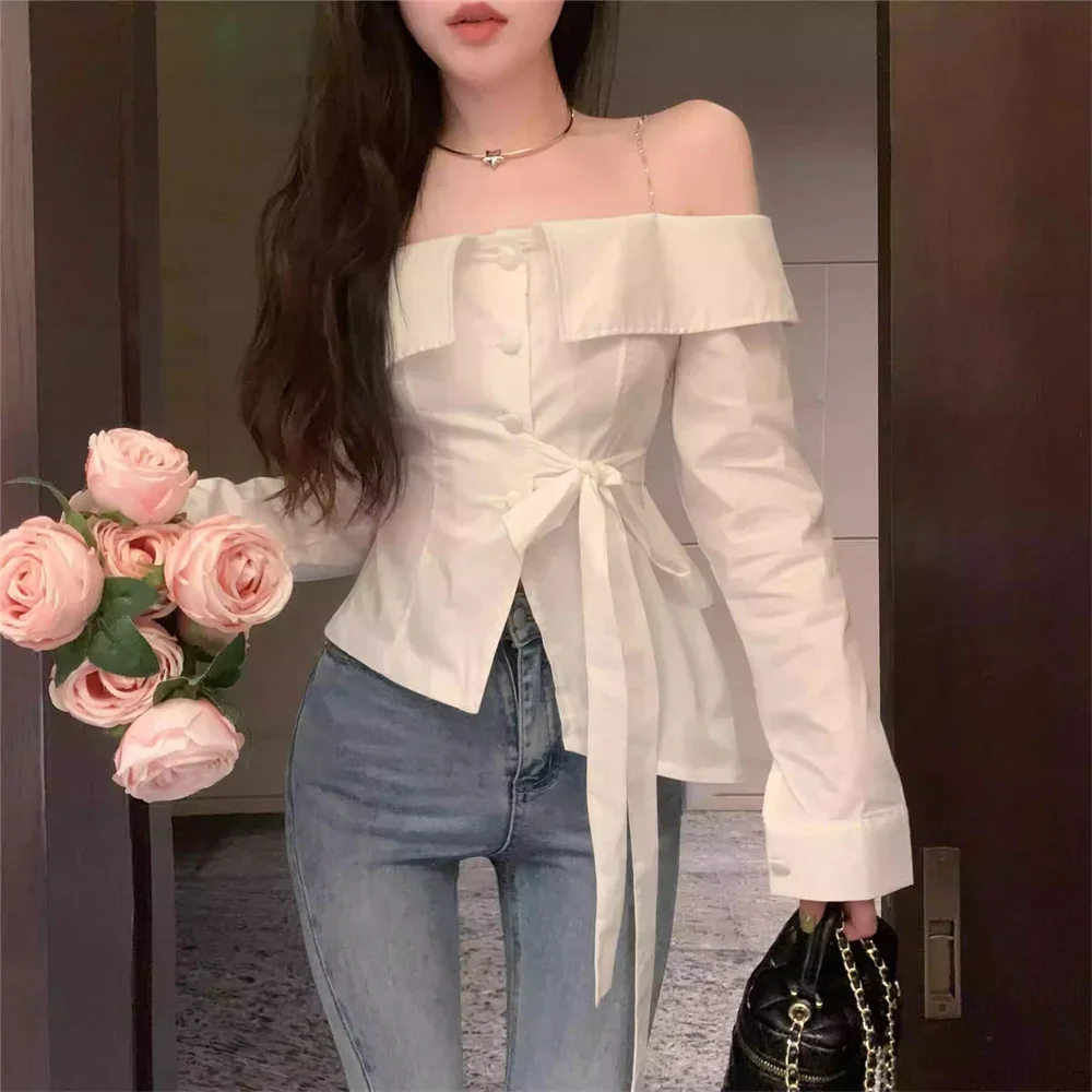 Elegant Slash Neck Shirts Women Streetwear Ruffles Bandage White Blouses Korean Fashion Long Sleeve Design Slim Tops New Shirts