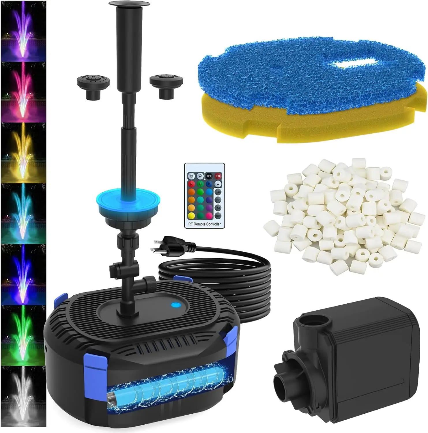 

Pond Filter with Fountain Kits | Remote Control Colorful LED Lights | 550GPH Koi Pond Filter Pump